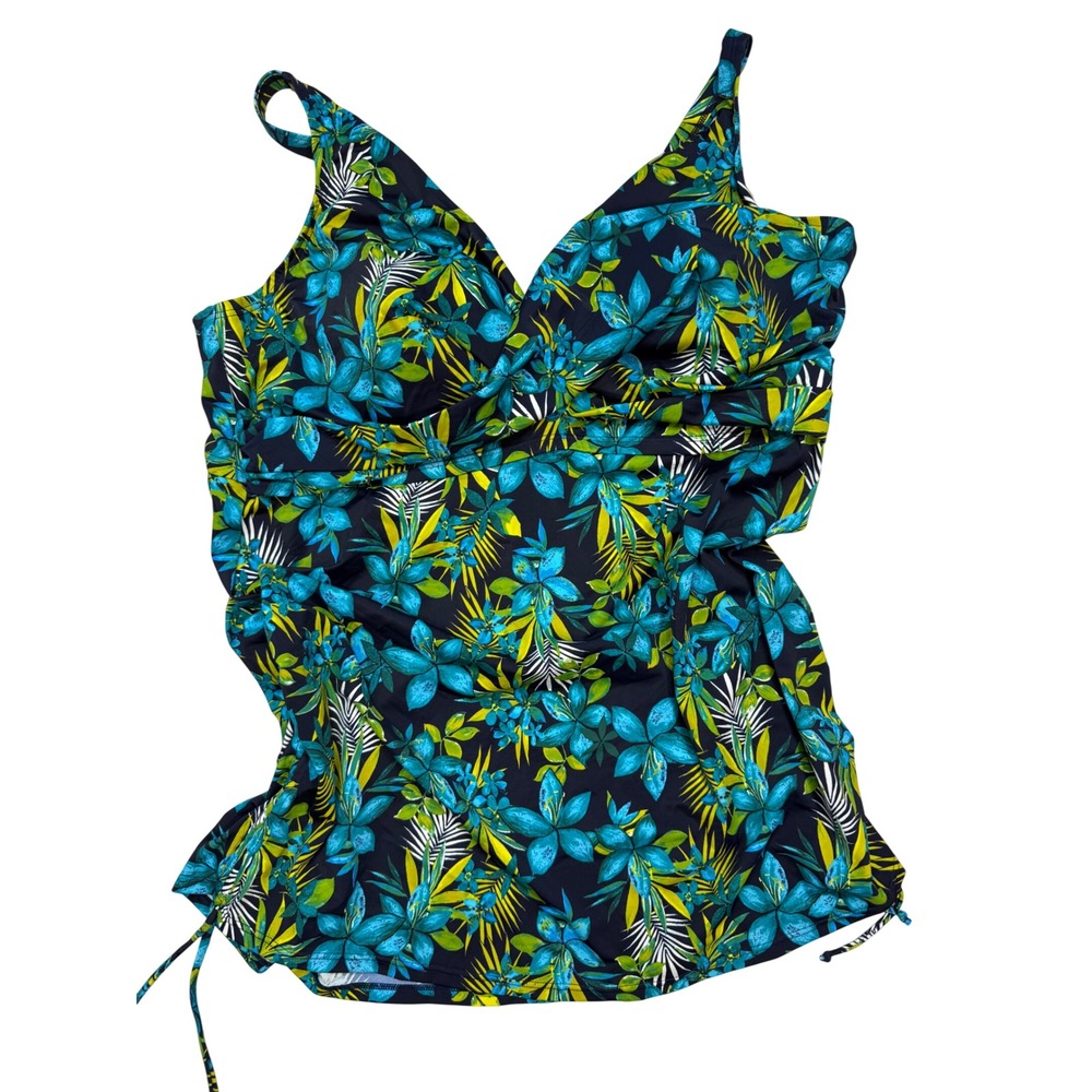 Swim365 Womens Plus Size 24 Tropical Floral Tankini Top Blue Green Ruched NEW